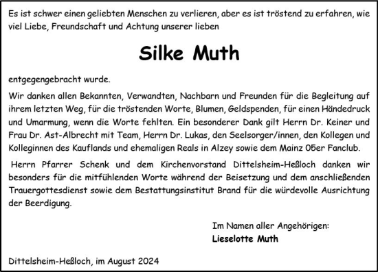 Traueranzeige von Silke Muth von Allgemeine Zeitung Alzey