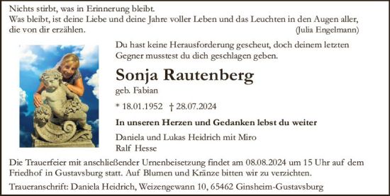 Traueranzeige von Sonja Rautenberg von Rüsselsheimer Echo