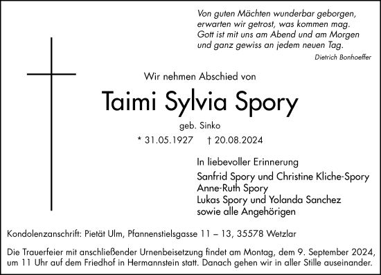 Traueranzeige von Taimi Sylvia Spory von Wetzlarer Neue Zeitung