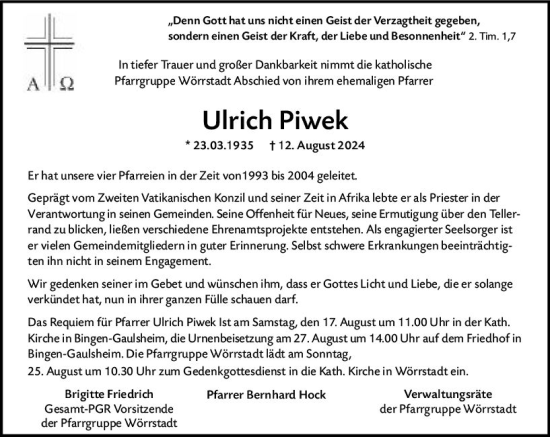 Traueranzeige von Ulrich Piwek von Allgemeine Zeitung Alzey