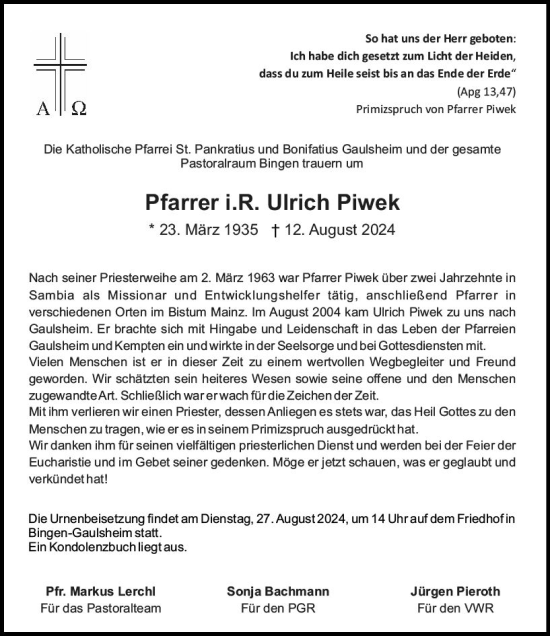 Traueranzeige von Ulrich Piwek von Binger-/Ingelheimer Wochenblatt