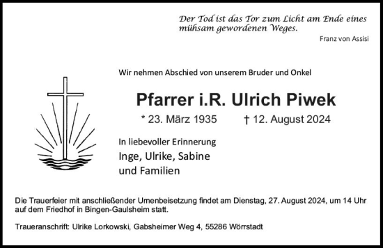 Traueranzeige von Ulrich Piwek von Allgemeine Zeitung Alzey