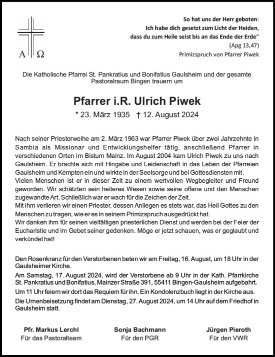 Traueranzeige von Ulrich Piwek von Allgemeine Zeitung Rheinhessen-Nahe