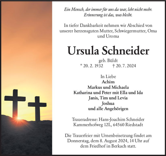 Traueranzeige von Ursula Schneider von Groß-Gerauer Echo