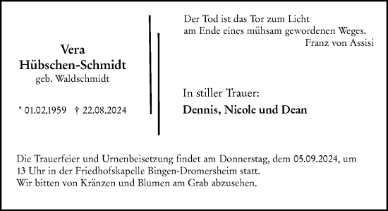 Traueranzeige von Vera Hübschen-Schmidt von Rheingau-Taunus-Kreis Wochenblatt