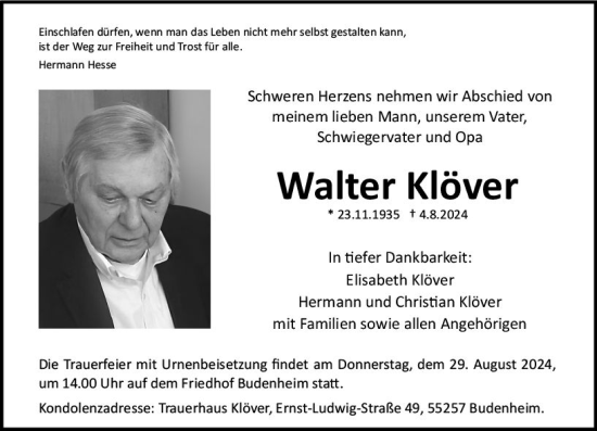 Traueranzeige von Walter Klöver von Allgemeine Zeitung Mainz