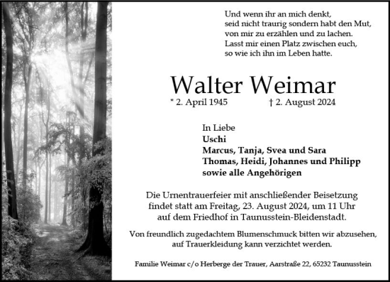 Traueranzeige von Walter Weimar von Idsteiner Land/Untertaunus