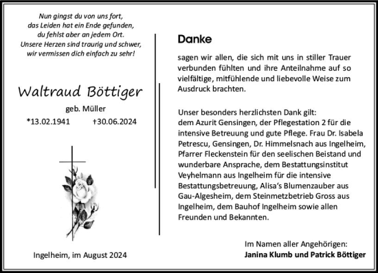 Traueranzeige von Waltraud Böttiger von Allgemeine Zeitung Rheinhessen-Nahe