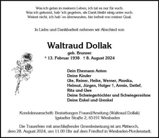 Traueranzeige von Waltraud Dollak von Wiesbadener Kurier