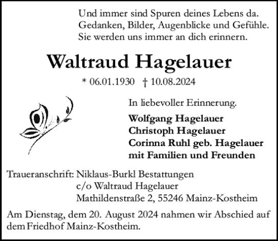 Traueranzeige von Waltraud Hagelauer von Allgemeine Zeitung Mainz
