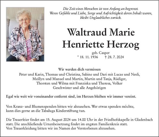 Traueranzeige von Waltraud Marie Hemriette Herzog von Hinterländer Anzeiger