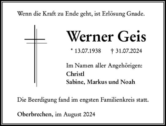 Traueranzeige von Werner Geis von Camberger Anzeiger