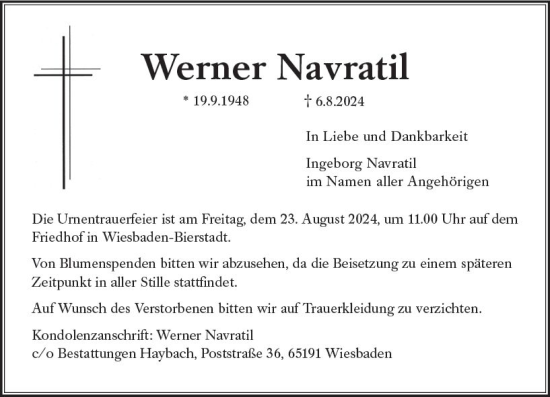 Traueranzeige von Werner Navratil von Wiesbadener Kurier