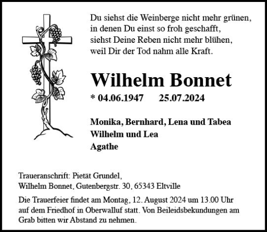 Traueranzeige von Wilhelm Bonnet von Wiesbadener Kurier