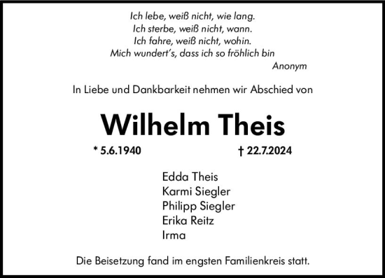 Traueranzeige von Wilhelm Theis von Wiesbadener Kurier