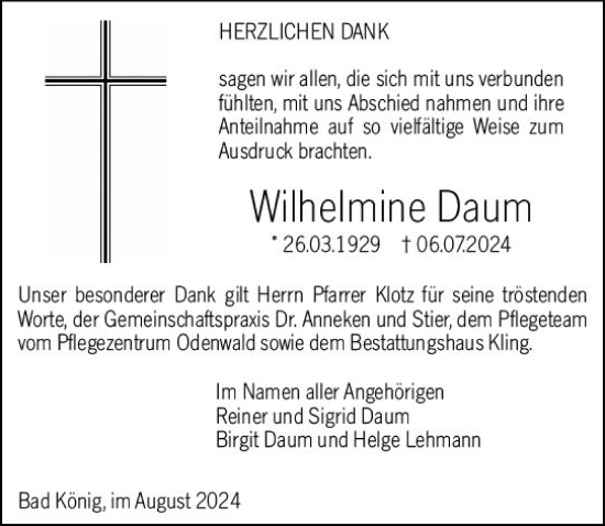Traueranzeige von Wilhelmine Daum von Odenwälder Echo