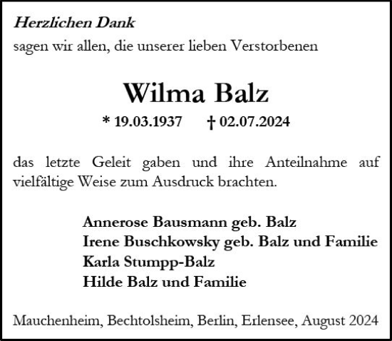 Traueranzeige von Wilma Balz von Allgemeine Zeitung Alzey