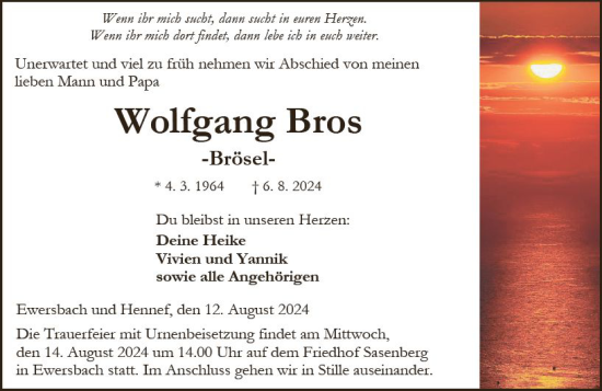 Traueranzeige von Wolfgang Bros von Dill Block