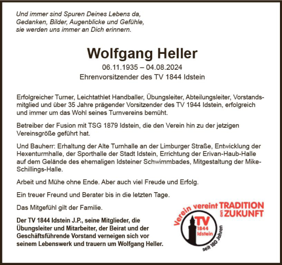 Traueranzeige von Wolfgang Heller von Idsteiner Land/Untertaunus