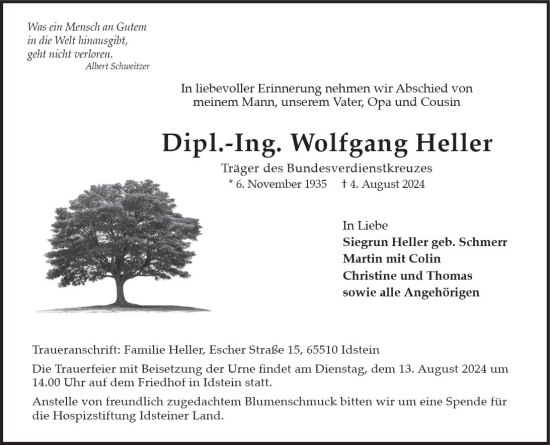 Traueranzeige von Wolfgang Heller von Idsteiner Land/Untertaunus