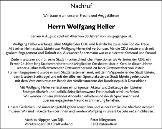 Traueranzeige von Wolfgang Heller von Idsteiner Land/Untertaunus