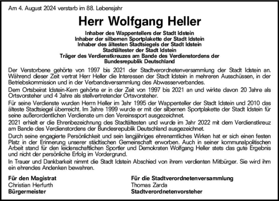 Traueranzeige von Wolfgang Heller von Idsteiner Land/Untertaunus