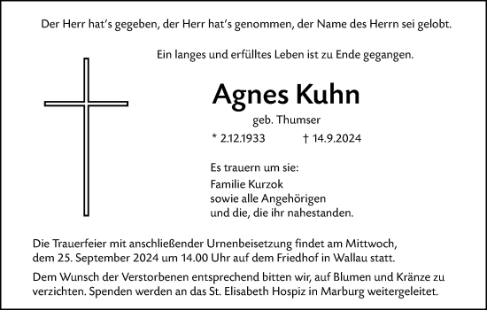 Traueranzeige von Agnes Kuhn von Hinterländer Anzeiger