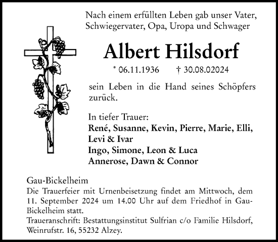 Traueranzeige von Albert Hilsdorf von Allgemeine Zeitung Alzey