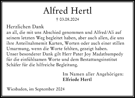 Traueranzeige von Alfred Hertl von Wiesbadener Kurier