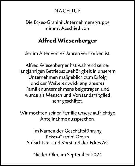 Traueranzeige von Alfred Wiesenberger von Allgemeine Zeitung Mainz