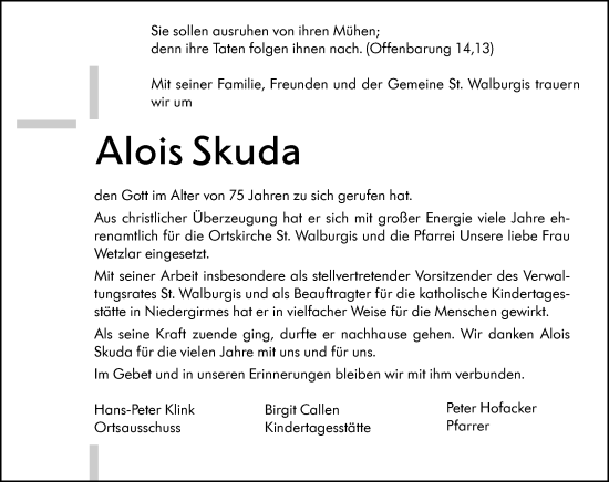 Traueranzeige von Alois Skuda von Wetzlarer Neue Zeitung