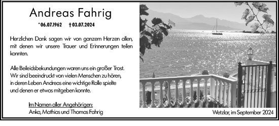 Traueranzeige von Andreas Fahrig von Wetzlarer Neue Zeitung