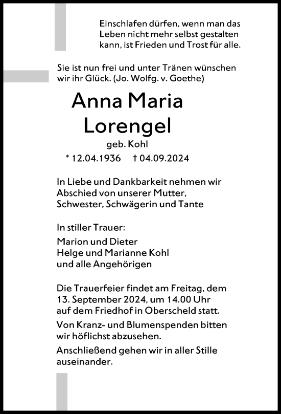 Traueranzeige von Anna Maria Lorengel von Dill Block