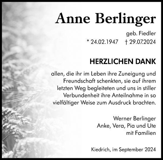 Traueranzeige von Anne Berlinger von Wiesbadener Kurier