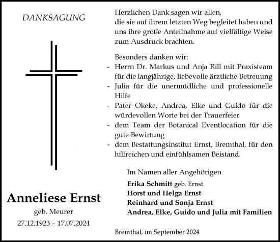 Traueranzeige von Anneliese Ernst von Wiesbadener Kurier