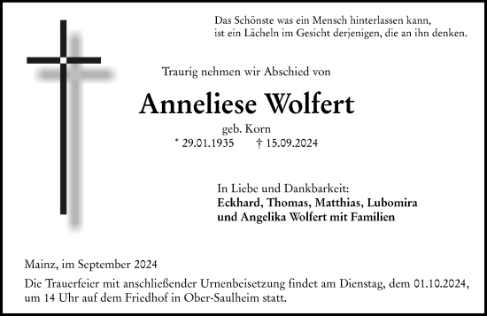 Traueranzeige von Anneliese Wolfert von Allgemeine Zeitung Mainz