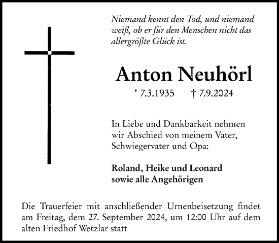 Traueranzeige von Anton Neuhörl von Wetzlarer Neue Zeitung