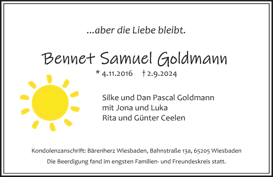 Traueranzeige von Bennet Samuel Goldmann von Wiesbadener Kurier