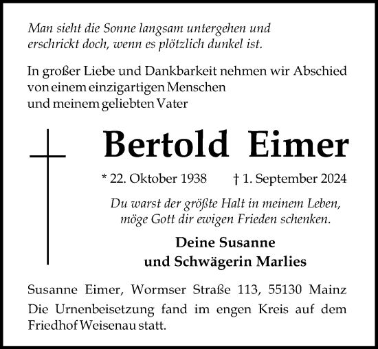 Traueranzeige von Bertold Eimer von Allgemeine Zeitung Mainz
