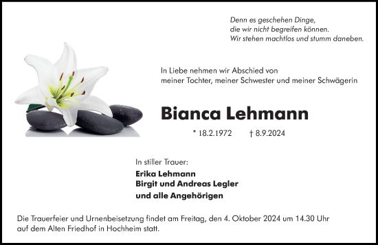 Traueranzeige von Bianca Lehmann von Hochheimer Zeitung