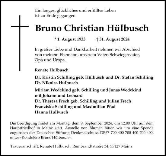 Traueranzeige von Bruno Christian Hülbusch von Allgemeine Zeitung Mainz
