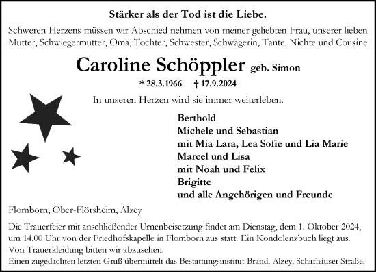 Traueranzeige von Caroline Schöppler von Allgemeine Zeitung Alzey