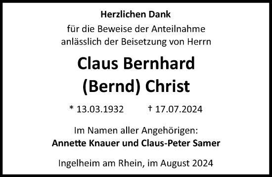 Traueranzeige von Claus Bernhard Christ von Allgemeine Zeitung Rheinhessen-Nahe