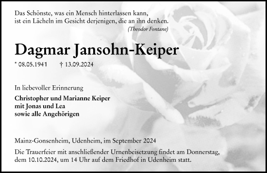 Traueranzeige von Dagmar Jansohn-Keiper von Allgemeine Zeitung Mainz