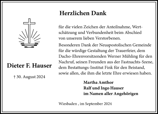 Traueranzeige von Dieter Hauser von Wiesbadener Kurier