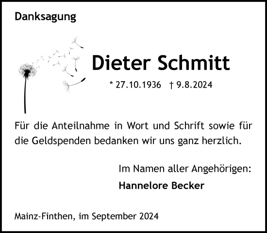 Traueranzeige von Dieter Schmitt von Allgemeine Zeitung Mainz