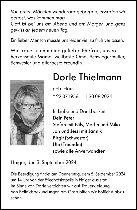 Traueranzeige von Dorle Thielmann von Dill Block