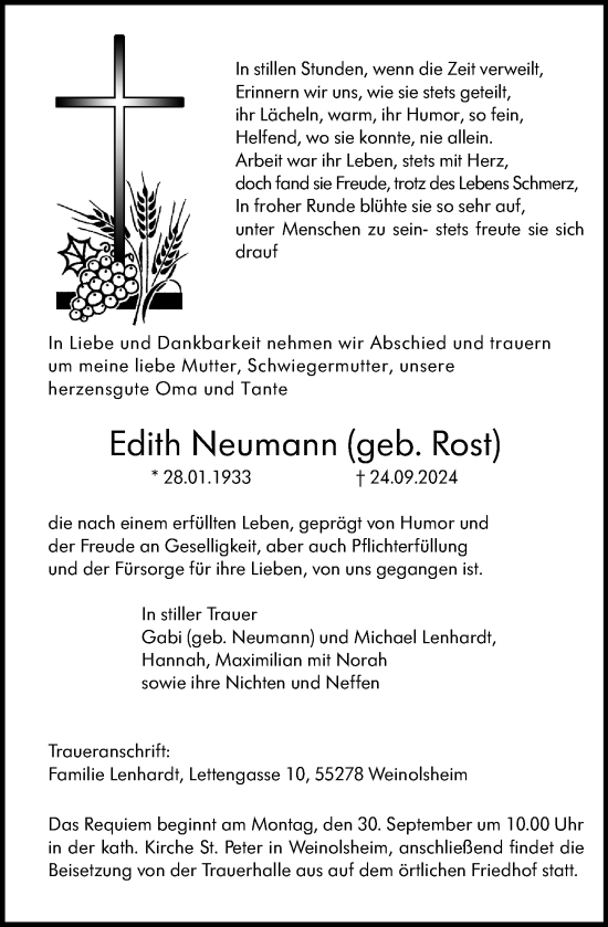 Traueranzeige von Edith Neumann von Allgemeine Zeitung Mainz