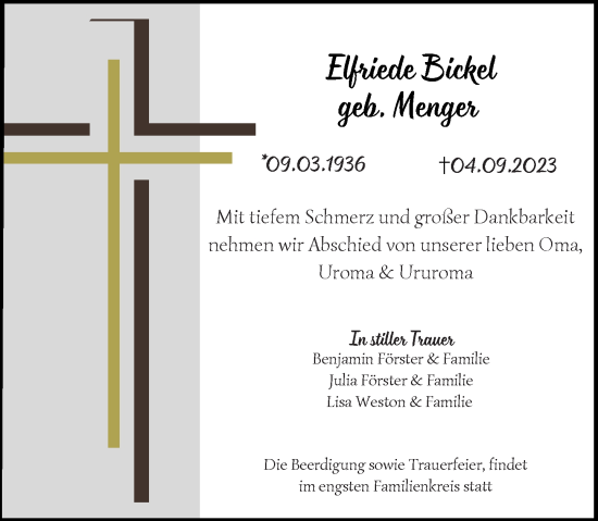 Traueranzeige von Elfriede Bickel von Dill Block