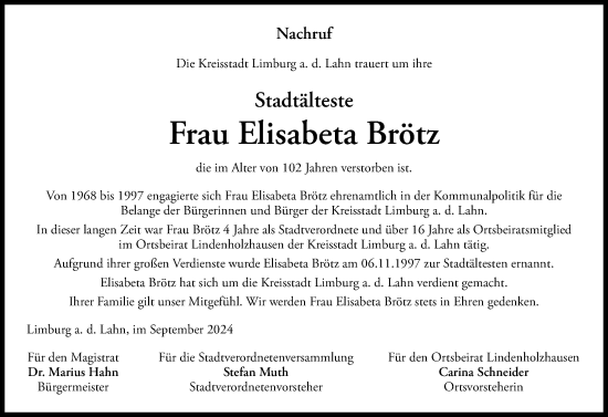 Traueranzeige von Elisabeta Brötz von Nassauische Neue Presse